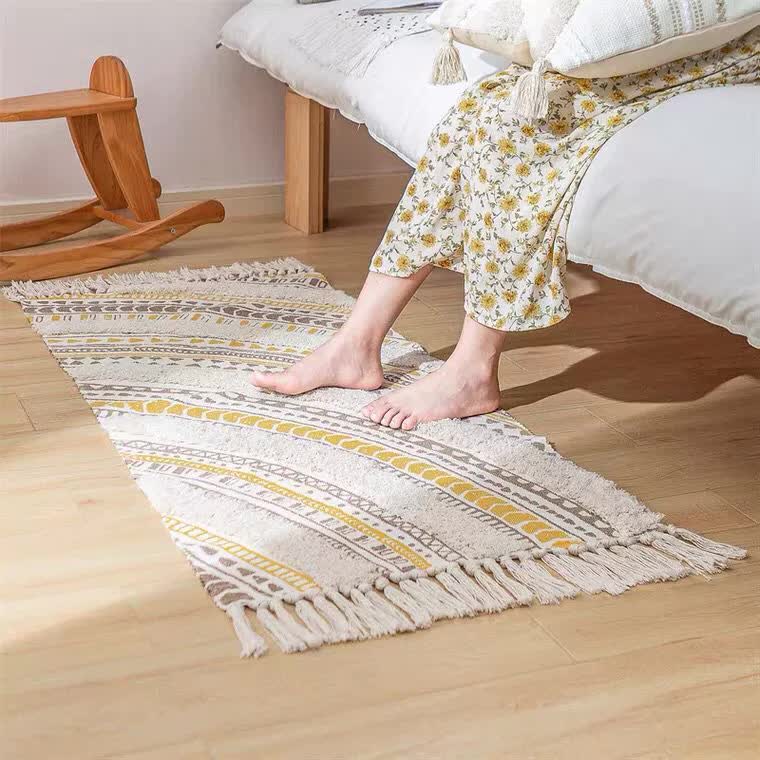 V888-ELOSUNG20345-225945-00 Handwoven Cotton Tassel Floor Rug for Bedroom or Living Room|Soft, Modern Geometric Design,60x90cm - Image 1