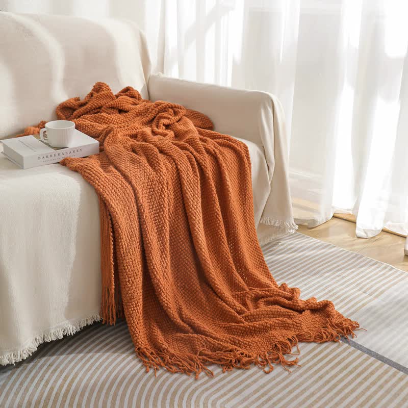 V888-ELOSUNG20352-226796-00 Orange Premium Woven Knitted Throw Blanket with Tassels | Soft, Cozy Sofa & Bed Blanket, Perfect for Office or Afternoon Naps 127x172cm - Image 1