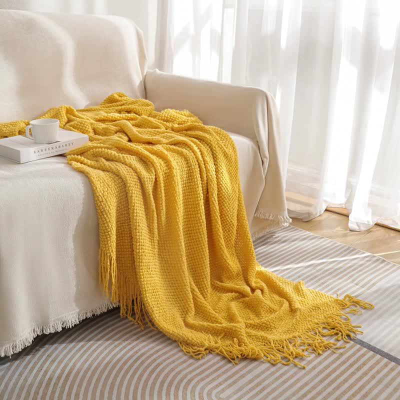 V888-ELOSUNG20357-226814-00 Yellow Premium Woven Knitted Throw Blanket with Tassels | Soft, Cozy Sofa & Bed Blanket, Perfect for Office or Afternoon Naps 130x260cm - Image 1