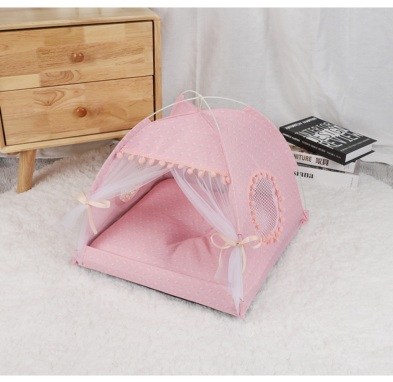 V888-ELOSUNG20419-227287-00 Pink Floral Portable Folding Pet Tent - Summer Cat & Dog Shelter with Mesh Window, Lightweight and Breathable, Ideal for Travel & Home Use 35x35x30CM - Image 1