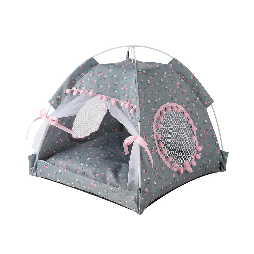 V888-ELOSUNG20422-227291-00 Gray floral Portable Folding Pet Tent - Summer Cat & Dog Shelter with Mesh Window, Lightweight and Breathable, Ideal for Travel & Home Use 35x35x30CM - Image 1