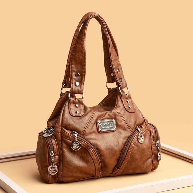 V888-ELOSUNG20485-202502241045-00 Brown Vintage Soft Leather Biker Bag - Shoulder Crossbody Handbag - Image 1