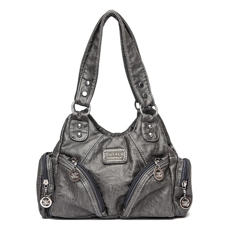 V888-ELOSUNG20487-202502241045-00 Gray Vintage Soft Leather Biker Bag - Shoulder Crossbody Handbag - Image 1