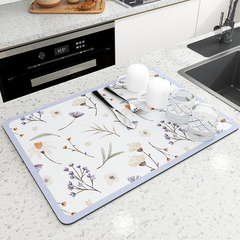 V888-ELOSUNG20514-202502241140-00 Purple flowers Kitchen Drying Mat - Super Absorbent Dish & Cup Drainer Pad 50x60cm - Image 1