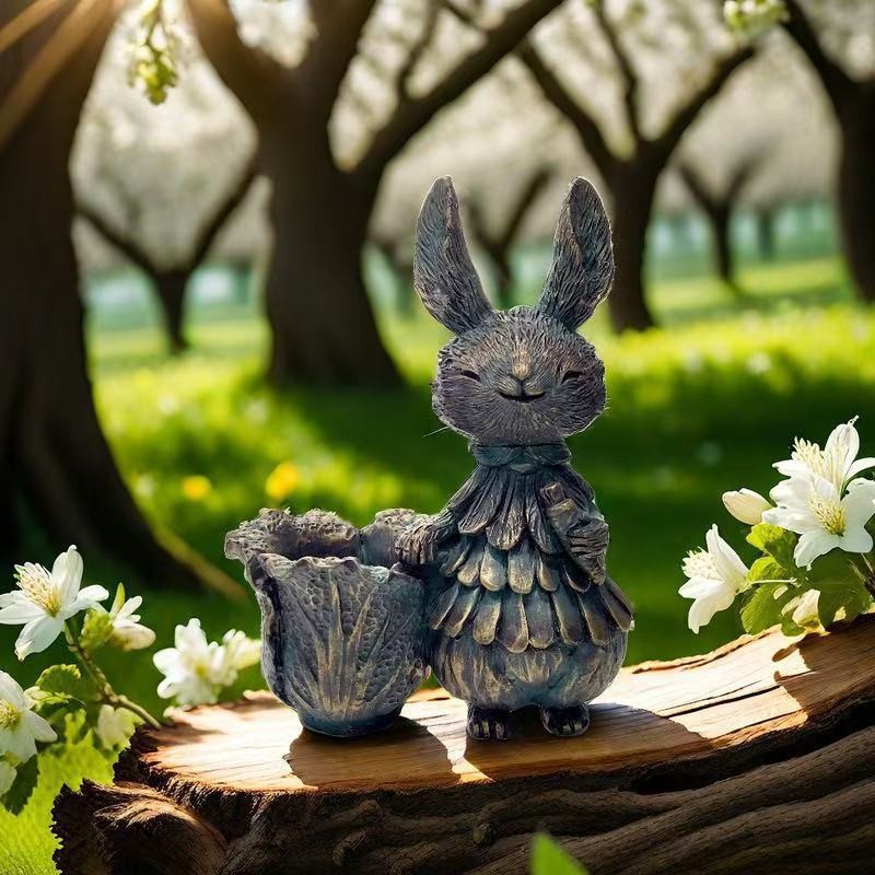 V888-ELOSUNG20549-202502251010-00 Copper Bunny with Vegetables Whimsical Bunny Garden Decor - Easter Flower Pot Statue - Image 1