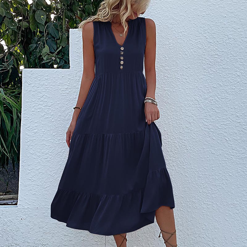 V888-ELOSUNG20569-202502261823-00 Navy blue Flowy Sleeveless Midi Dress - Sleeveless solid sundress with decorative buttons Size M - Image 1