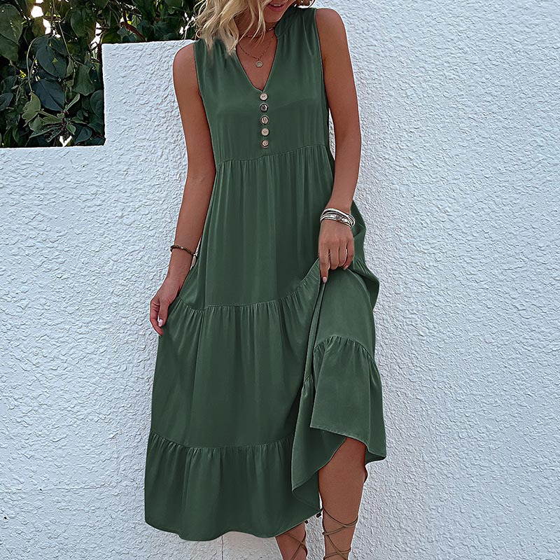 V888-ELOSUNG20572-202502261829-00 Green Flowy Sleeveless Midi Dress - Sleeveless solid sundress with decorative buttons Size L - Image 1