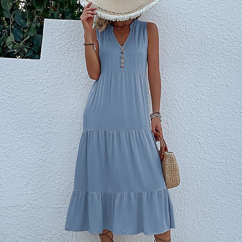 V888-ELOSUNG20582-202502261527-00 Light blue Flowy Sleeveless Midi Dress - Sleeveless solid sundress with decorative buttons Size XL - Image 1