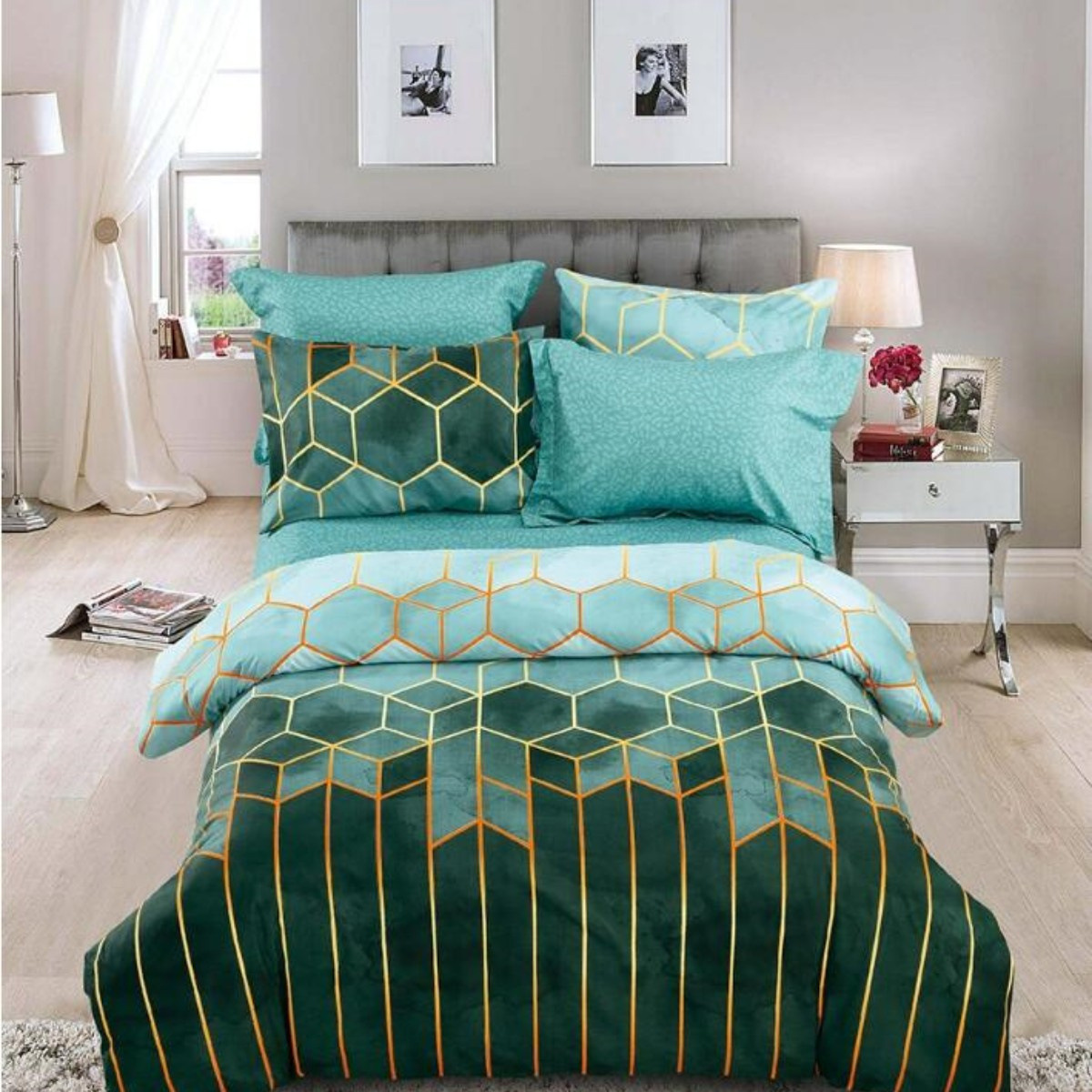V888-ELOSUNG20766-202503031003-00 Geometric Print Duvet Cover - 3 Piece Green Ombre Bedding Set Quilt cover 230x230cm-Pillow cover 51x76cm - Image 1