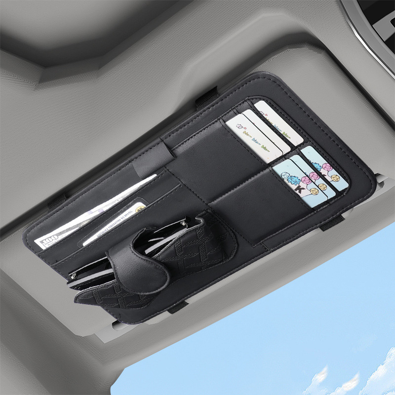 V888-ELOSUNG20856-202503071418-00 Black Car Organizer - Sun Visor Clip with Sunglasses Holder, Card Holder, Cash Pocket - Image 1