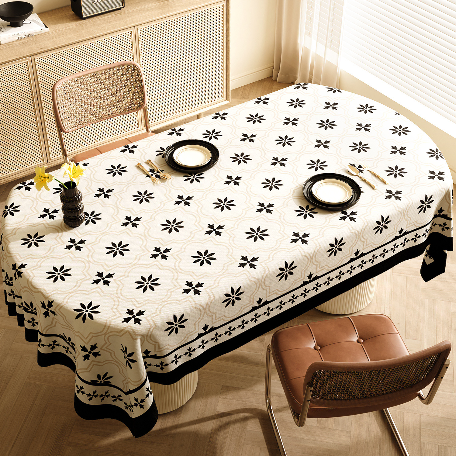 V888-ELOSUNG21086-225964-00 Style F Black And Off White Premium PVC Tablecloth - Oil & Water Resistant Table Cover for Dining Tables (120 x 180 cm) - Image 1