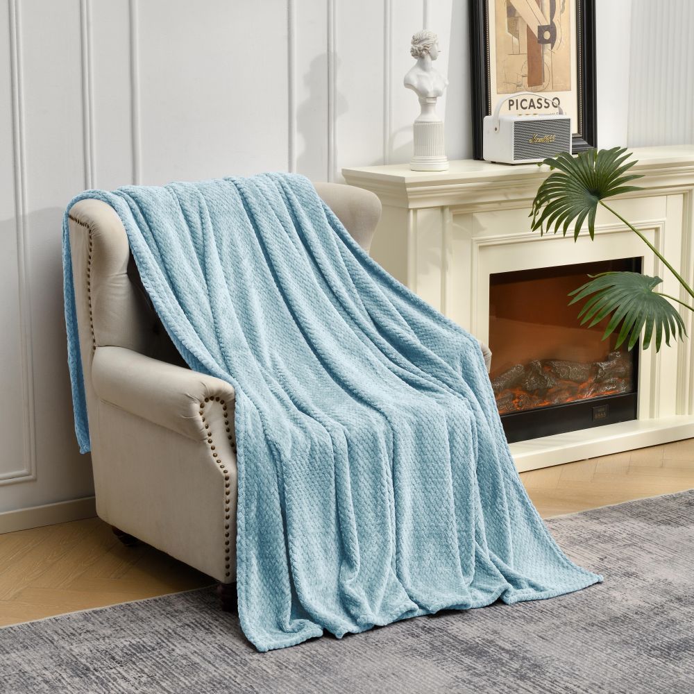 V888-ELOSUNG21098-225779-00 Blue Soft Flannel Jacquard Throw Blanket - Cozy Sofa & Bed Cover, Air Conditioning Blanket, 50 x 60 Inches, Elegant Solid Color - Image 1