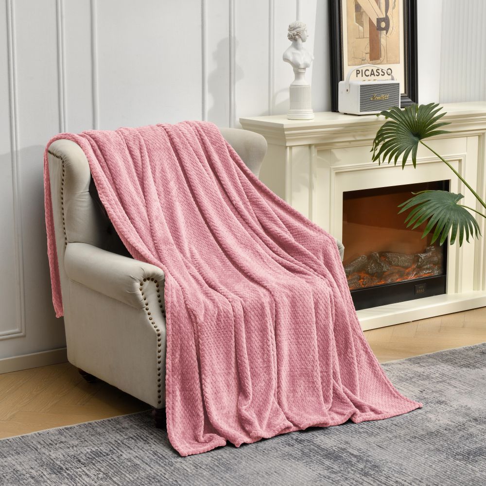 V888-ELOSUNG21099-225780-00 Pink Soft Flannel Jacquard Throw Blanket - Cozy Sofa & Bed Cover, Air Conditioning Blanket, 50 x 60 Inches, Elegant Solid Color - Image 1