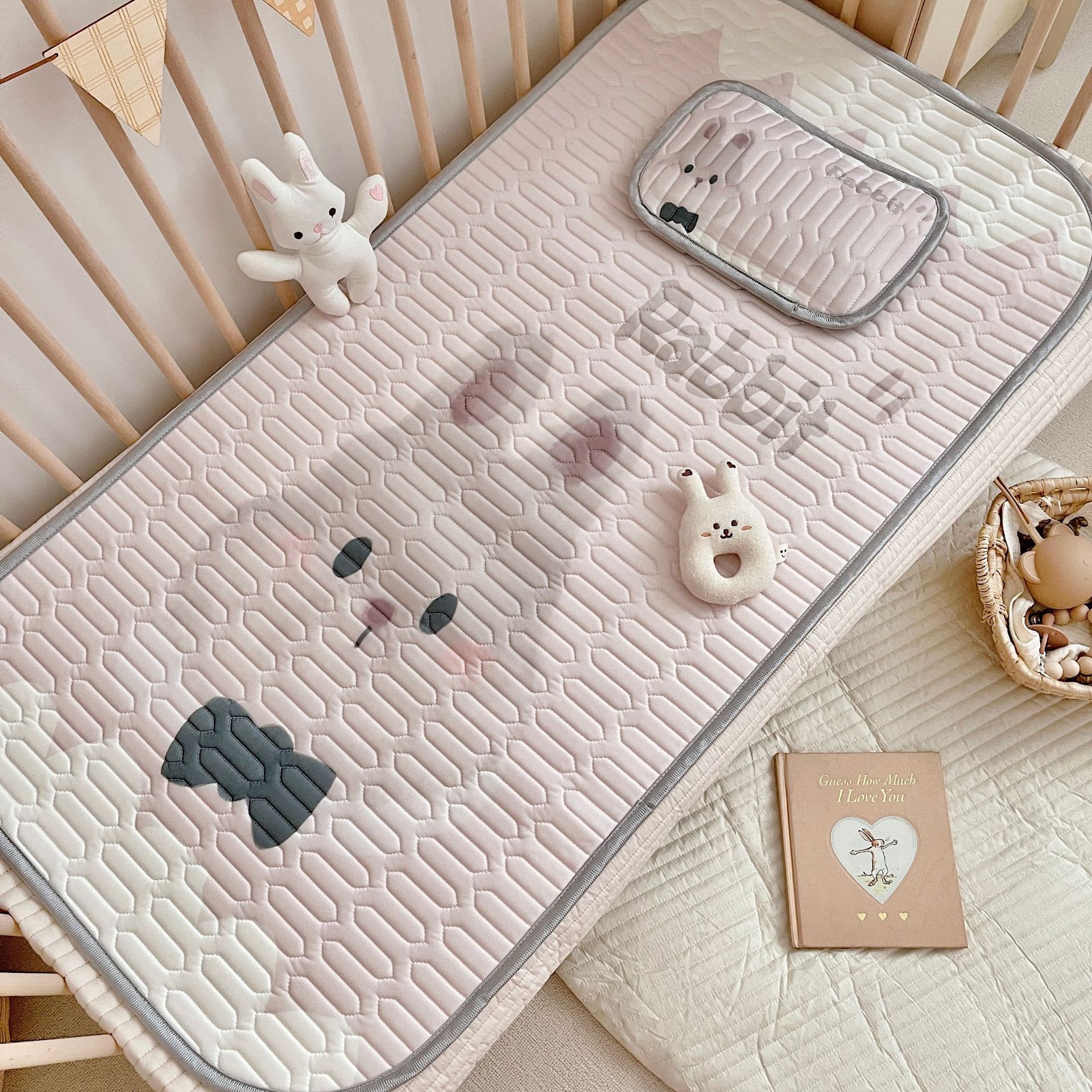V888-ELOSUNG21141-226719-00 Rabbit Pattern 2 Piece Set Kids Cooling Pad Set - 60x120cm Cartoon Latex Mattress Protector, Pillow - Image 1