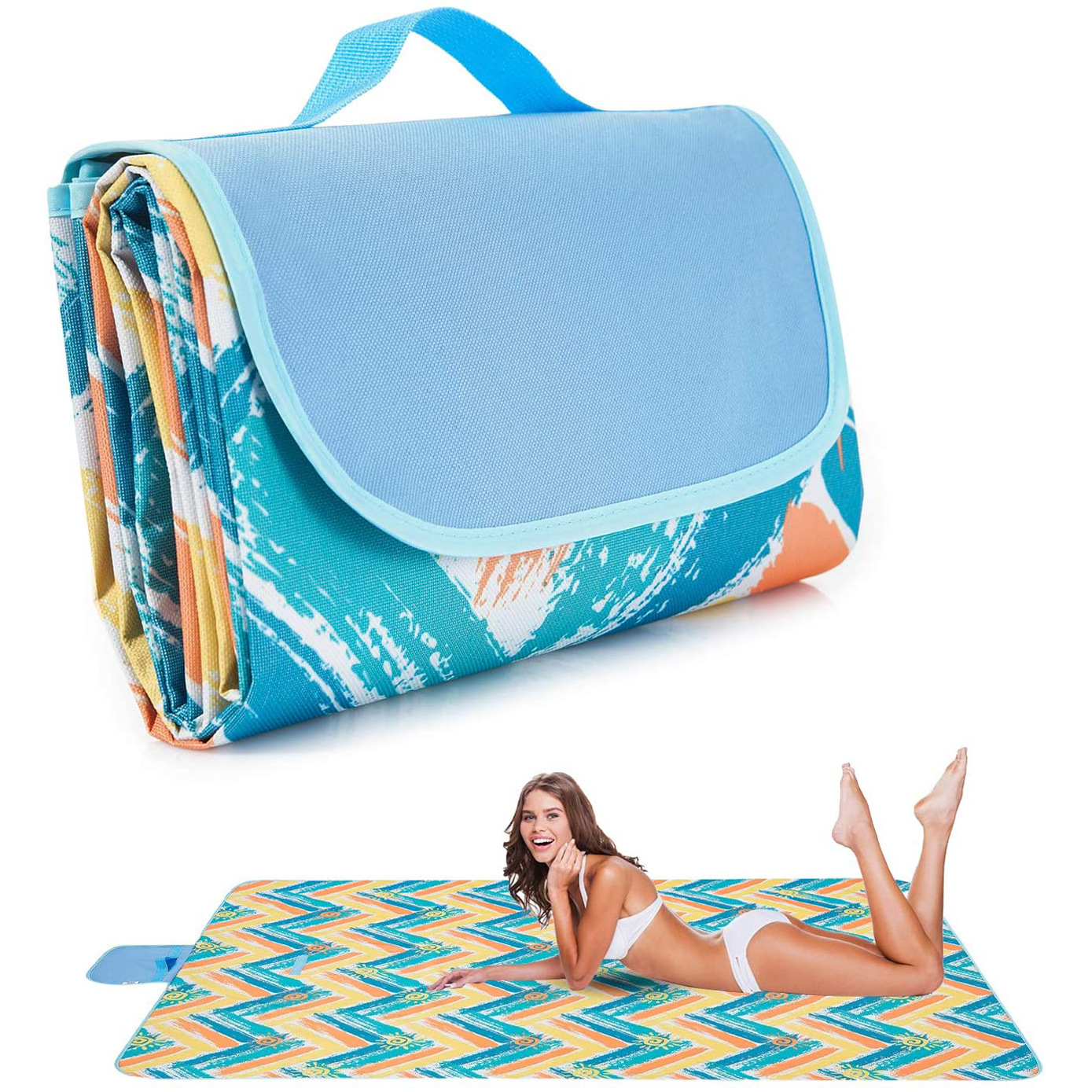 V888-ELOSUNG21263-202502241541-00 Blue Stripes Stitching Premium Picnic Mat - Extra Thick & Waterproof Oxford Cloth Camping Blanket - 145x180cm - Image 1