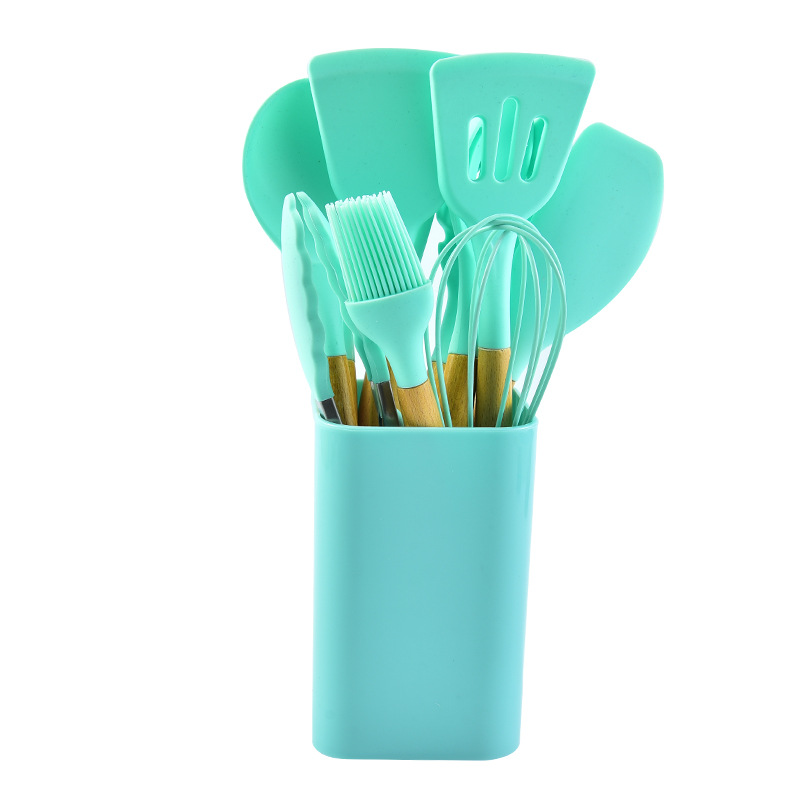 V888-ELOSUNG21311-202502251026-00 Light Green 12-Piece Silicone Kitchen Utensil Set with Beechwood Handles & Holder - Image 1