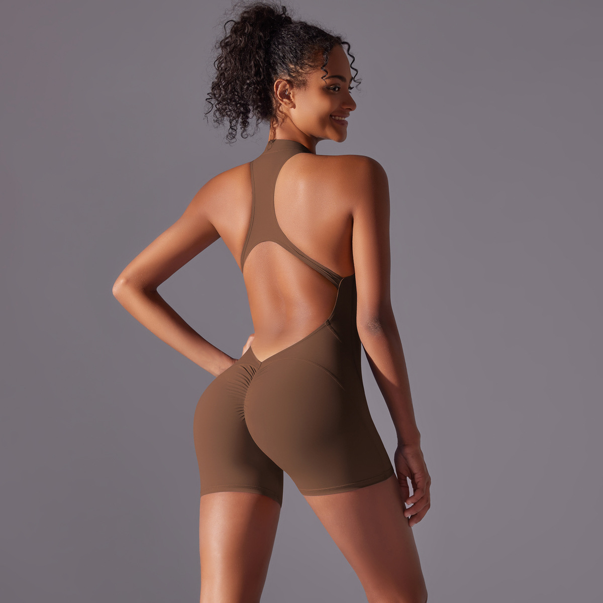 V888-ELOSUNG21320-202502251030-00 Size M Brown High-Impact Seamless Bodysuit - Nude Feel Yoga & Fitness Romper - Image 1