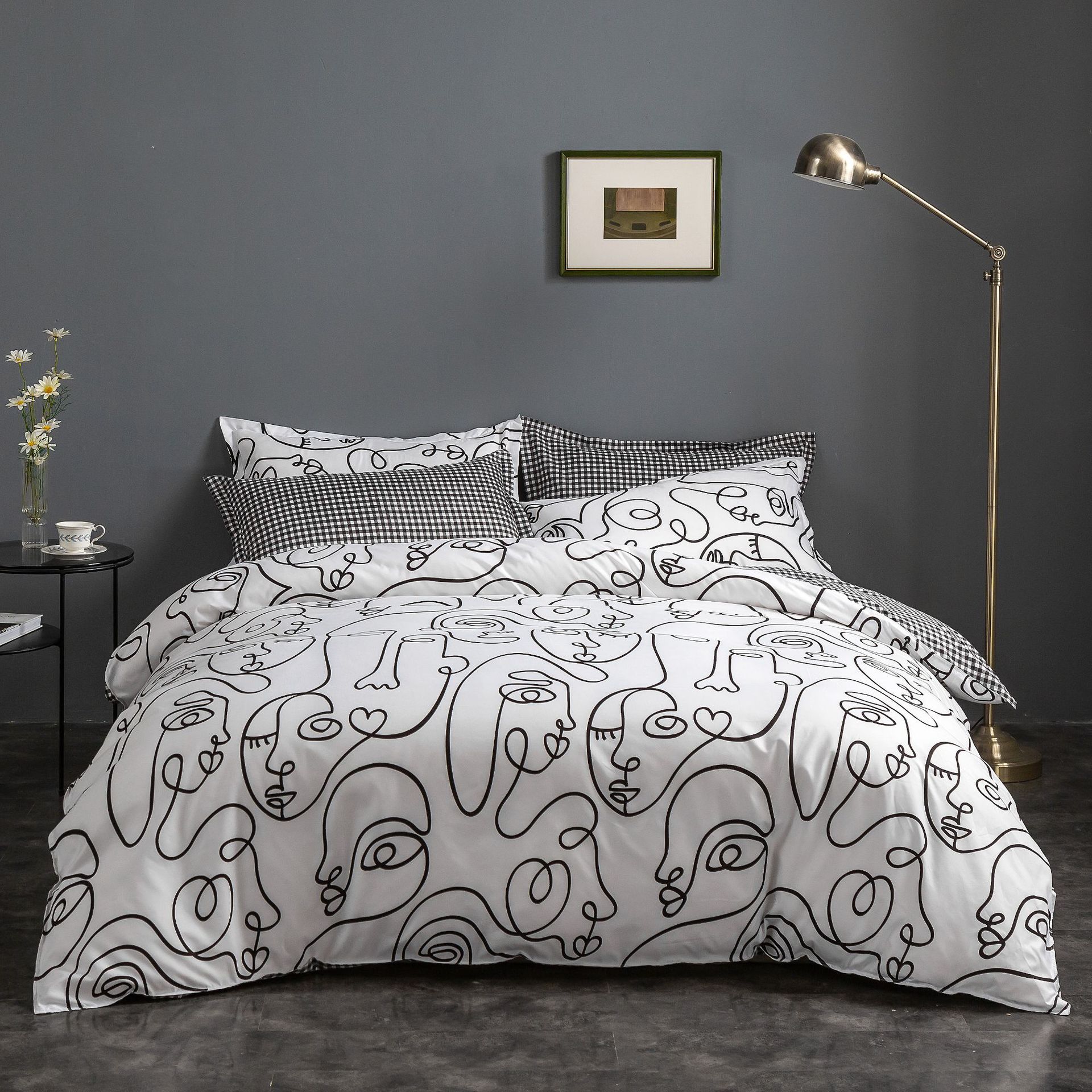 V888-ELOSUNG21501-202503031004-00 Face Line Graffiti Pattern 3-Piece Polyester Duvet Cover Set with 2 Pcs Pillowcases - Elegant Bedding, Machine Washable, 173x230cm Duvet + 51x76cm Pillowcases - Image 1