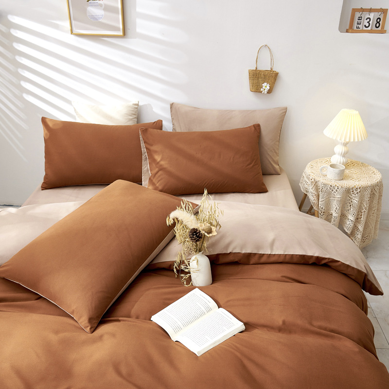 V888-ELOSUNG21513-202503031010-00 Brown And Khaki Stitching Ultra-Soft Solid Color 4-Piece Bedding Set - Queen Size(Suitable for 2m bed) - Image 1