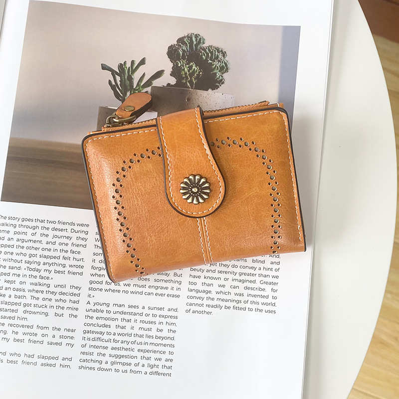 V888-ELOSUNG21559-202503051016-00 Yellow Vintage PU Leather Women's Short Wallet - Elegant Zipper Coin Pocket Multi-Function Card Holder - Image 1