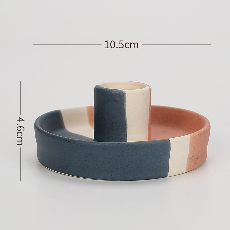 V888-ELOSUNG21575-202503051025-00 2 Pcs Blue, White And Orange Stitching Straight Bottom Nordic Ceramic Candle Holder with Jewelry Dish - Elegant Minimalist Home Decor Piece - Image 1
