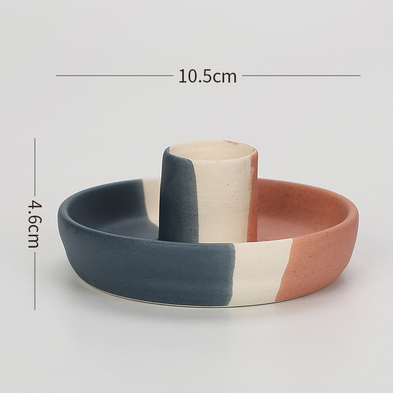 V888-ELOSUNG21576-202503051025-00 2 Pcs Blue, White And Orange Stitching Oval Bottom Nordic Ceramic Candle Holder with Jewelry Dish - Elegant Minimalist Home Decor Piece - Image 1