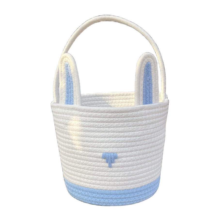 V888-ELOSUNG21602-202503071440-00 Blue And White Stitching Charming Easter Egg Tote Basket - Cute Rabbit-Themed Handwoven Cotton Rope Candy Holder - Image 1