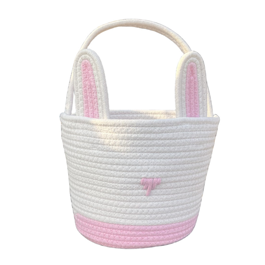 V888-ELOSUNG21603-202503071440-00 Pink And White Stitching Charming Easter Egg Tote Basket - Cute Rabbit-Themed Handwoven Cotton Rope Candy Holder - Image 1