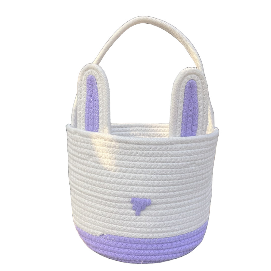 V888-ELOSUNG21607-202503071441-00 Purple And White Stitching Charming Easter Egg Tote Basket - Cute Rabbit-Themed Handwoven Cotton Rope Candy Holder - Image 1