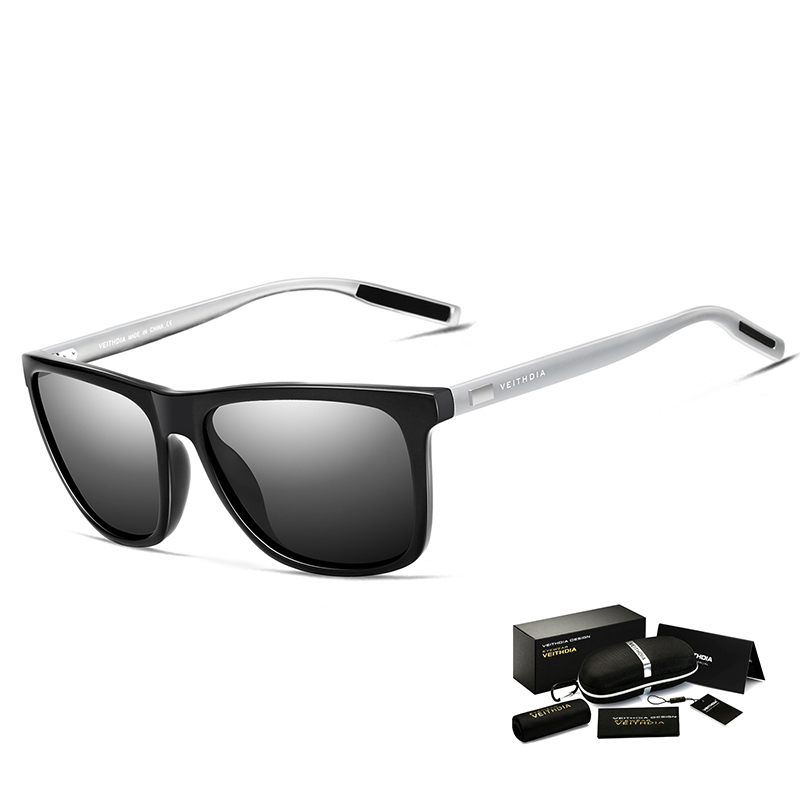 V888-ELOSUNG21617-202503071452-00 Black Frame + Silver Temples + Gray Lenses Unisex Aluminum-Magnesium Square Polarized Sunglasses - Stylish UV-Protective Driving Glasses with Case - Image 1