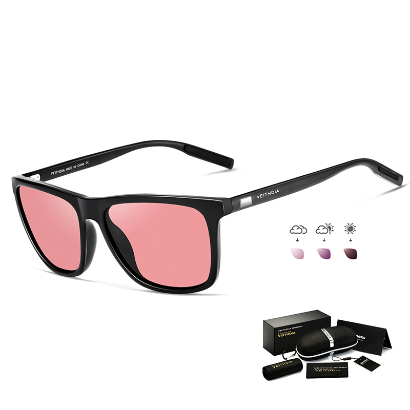V888-ELOSUNG21622-202503071504-00 Black Frame + Black Temples + Photochromic Red Lenses Unisex Aluminum-Magnesium Square Polarized Sunglasses - Stylish UV-Protective Driving Glasses with Case - Image 1