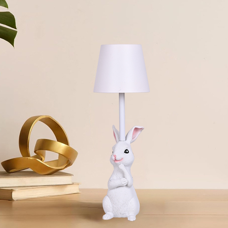 V888-ELOSUNG21689-202503111140-00 White Bunny White Lampshade Adorable Rabbit Resin Table Lamp - 3-Color LED, USB Rechargeable, Touch Dimming - Image 1