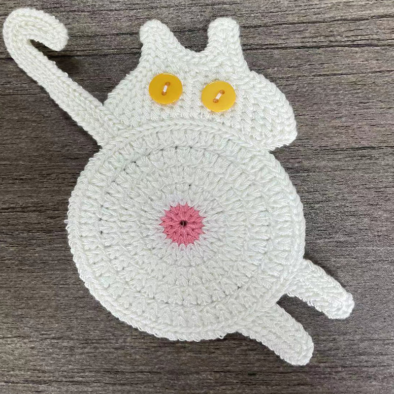 V888-ELOSUNG21697-202503111141-00 4 Pcs White Cute Cat Butt Knitted Coaster - Lightweight Crochet Drink Mat, 15x10cm - Image 1