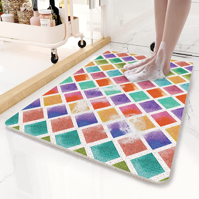 V888-ELOSUNG21798-202503121417-00 Colorful Diamond Pattern PVC Non-Slip Bath Mat 45x75cm - Shower Drain Hole Design, Soft & Quick-Dry Bathroom Rug - Image 1