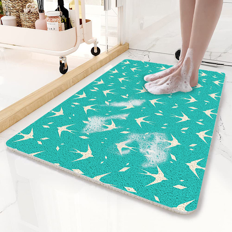 V888-ELOSUNG21810-202503121433-00 Teal Flying Bird Pattern PVC Non-Slip Bath Mat 50x80cm - Shower Drain Hole Design, Soft & Quick-Dry Bathroom Rug - Image 1