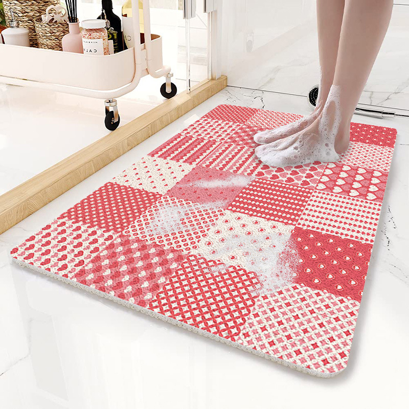 V888-ELOSUNG21814-202503121435-00 Pink Checkered Pattern PVC Non-Slip Bath Mat 50x80cm - Shower Drain Hole Design, Soft & Quick-Dry Bathroom Rug - Image 1