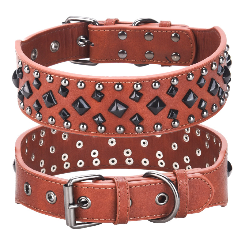 V888-ELOSUNG21865-202503131505-00 Size L Brown 1 pack Stylish PU Leather Dog Collar with Spikes - Adjustable, Durable & Comfortable for Medium to Large Breeds - Image 1