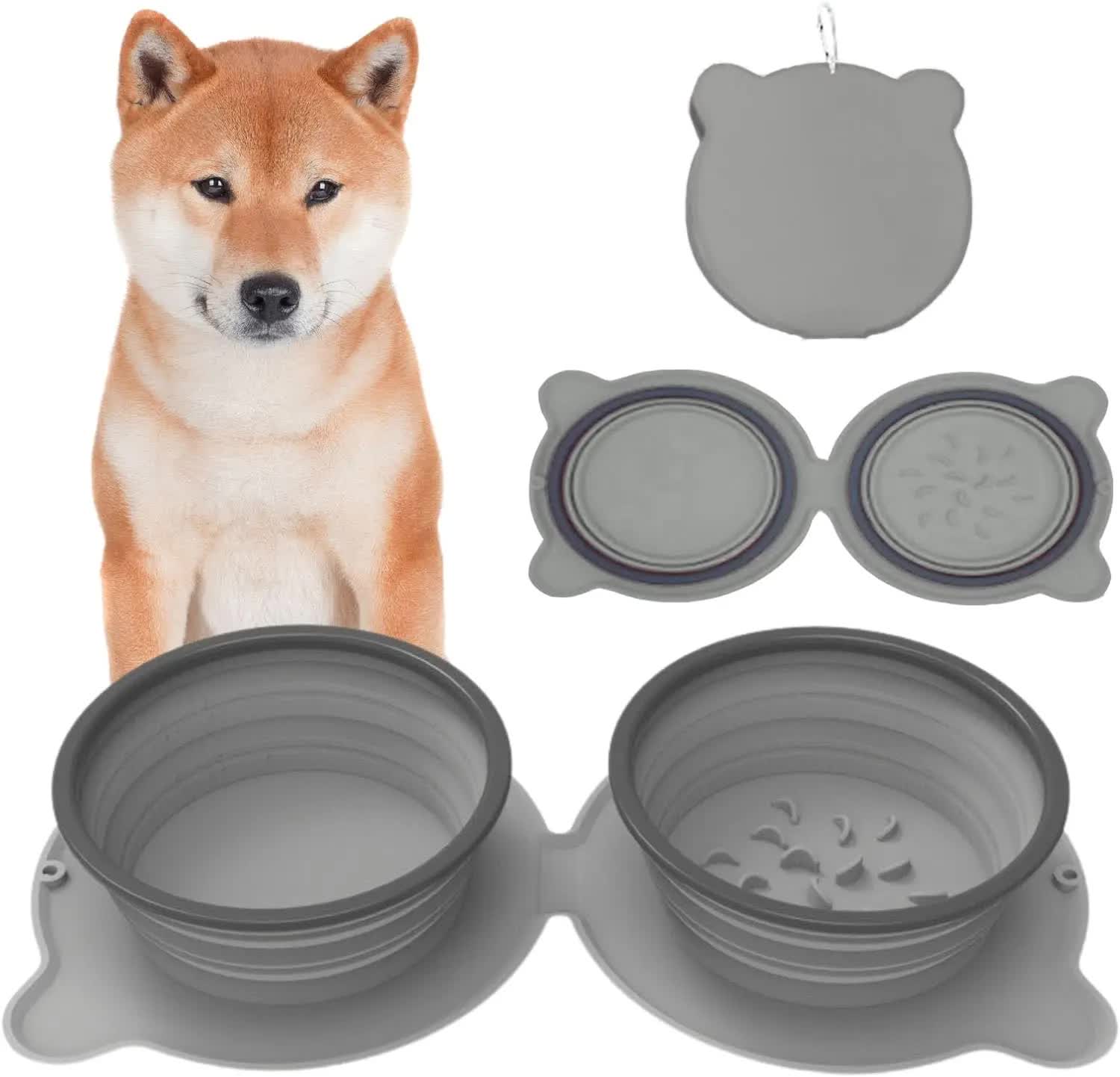 V888-ELOSUNG21867-202503131517-00 Grey Portable Collapsible Pet Bowl Set - Food-Grade Silicone Double Bowl for Dogs & Cats, Anti-Slip & Easy to Clean - Image 1