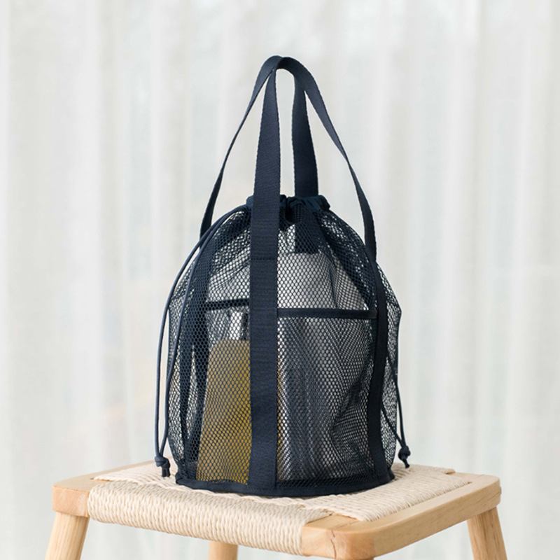 V888-ELOSUNG21921-202503141126-00 Navy Blue Lightweight Mesh Drawstring Beach Bag - Portable Travel Organizer for Toiletries and Essentials - Image 1