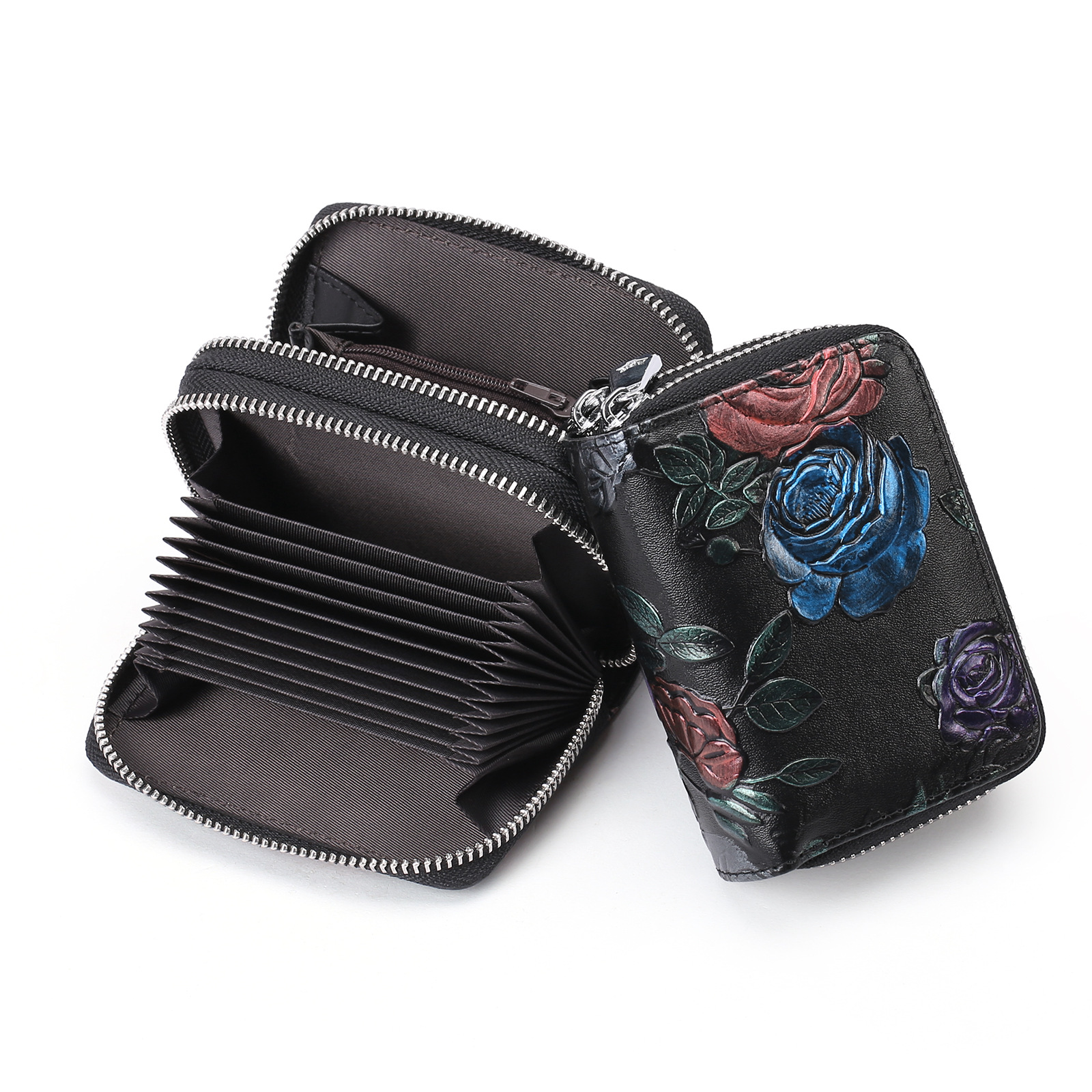 V888-ELOSUNG21953-202503181006-00 Black Background With Colorful Roses Floral Embossed Genuine Leather Card Holder - Large Capacity 10 Card Slots, RFID Blocking, Double Zipper Coin Pouch - Image 1