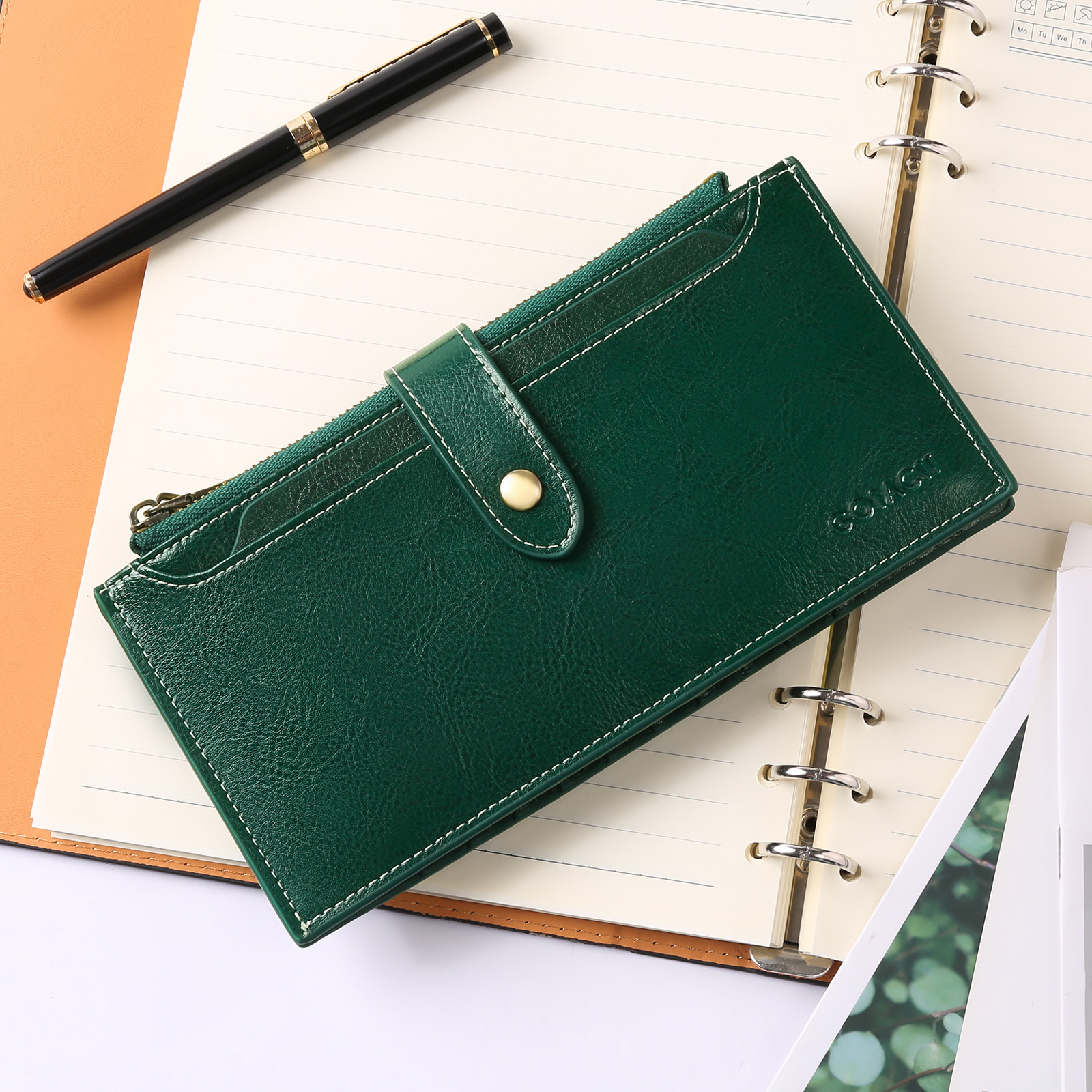 V888-ELOSUNG22101-202503181015-00 Dark Green Large Capacity Women's Leather Wallet - RFID Blocking Card Holder - Image 1