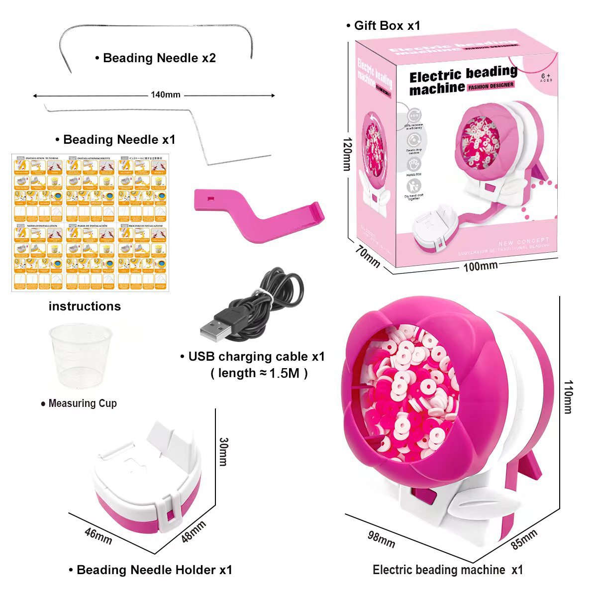 V888-ELOSUNG22163-202503181041-00 Pink Automatic Bead Loader - Electric DIY Jewelry Making Kit with Accessories - Image 1