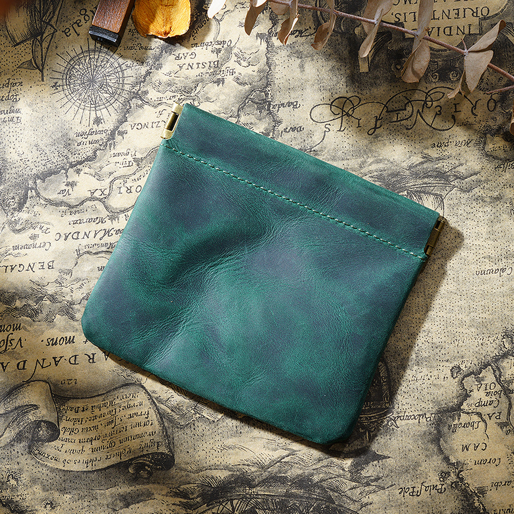 V888-ELOSUNG22167-202503181850-00 Dark Green Genuine Leather Coin Purse - Vintage Style Snap Closure Mini Pouch - Image 1
