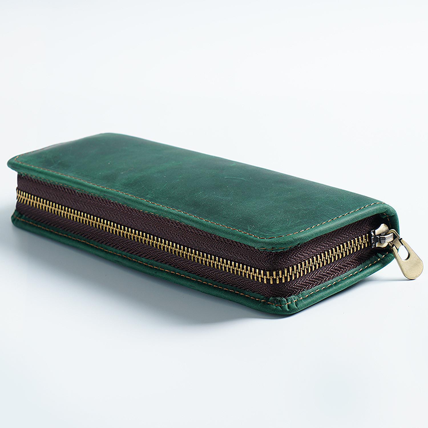 V888-ELOSUNG22179-202503181059-00 Dark Green Genuine Leather Pencil Case - Vintage Zip-Up Pen Holder with Elastic Loops - Image 1