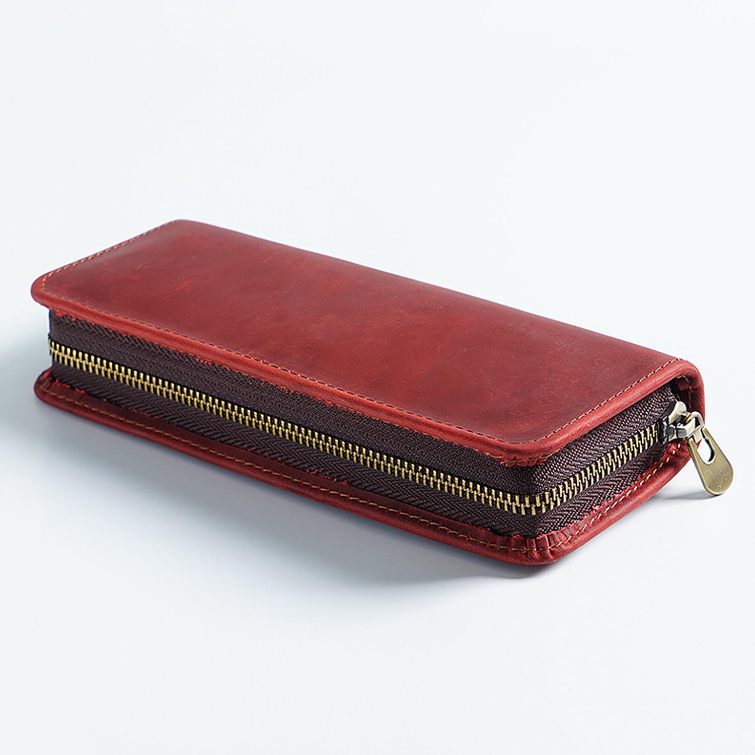 V888-ELOSUNG22180-202503181105-00 Wine Red Genuine Leather Pencil Case - Vintage Zip-Up Pen Holder with Elastic Loops - Image 1