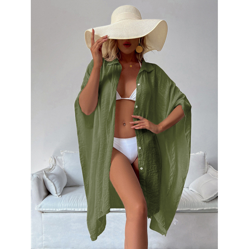 V888-ELOSUNG22252-202503211831-00 Military Green Summer Beach Cover-Up- Bamboo Cotton Sun Protection Cardigan - Image 1
