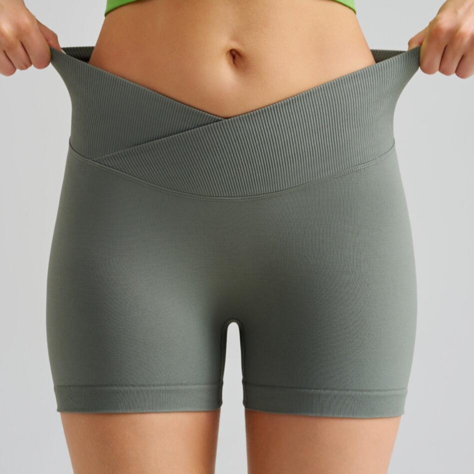 V888-ELOSUNG22340-202503211810-00 Grass Green Gray Yoga Shorts - Seamless, High Waist, Tummy Control Size XL - Image 1