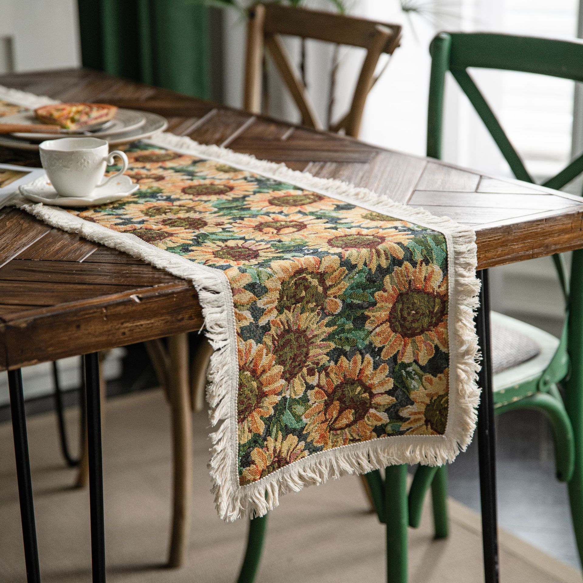 V888-ELOSUNG22377-202503251943-00 2 PCS Sunflower Table Runner with Fringe - Jacquard Woven Cotton Blend (30x120cm) - Image 1