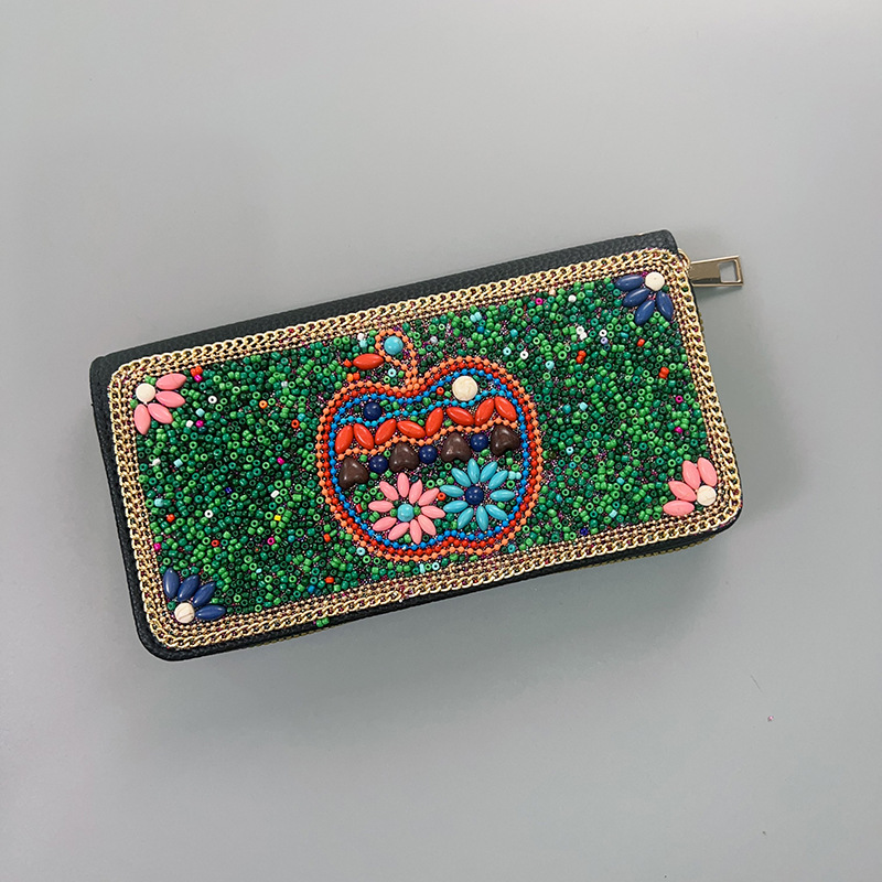 V888-ELOSUNG22400-202503251842-00 Green Apple Ethnic Style Beaded Clutch - Handmade Retro Wallet Style 3 - Image 1