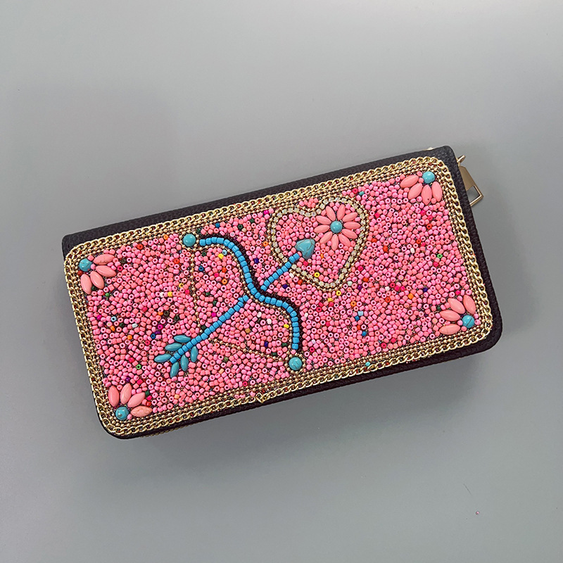 V888-ELOSUNG22464-202503251846-00 Pink Bow And Arrow Ethnic Style Beaded Clutch - Handmade Retro Wallet Style 9 - Image 1